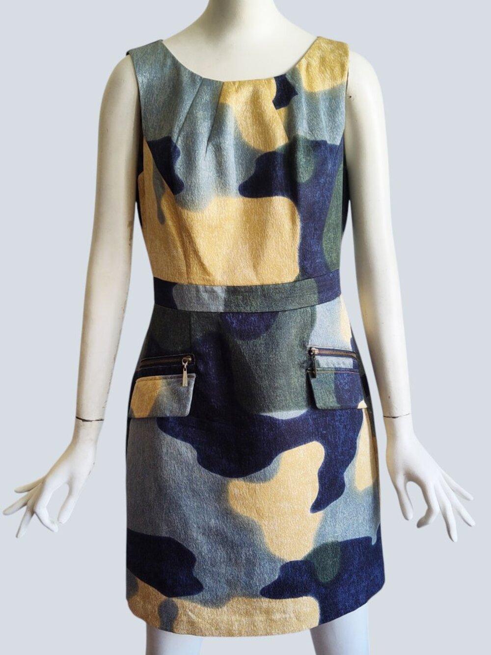 Beth Bowley Cotton Silk Sheath Graphic Camo Dress Sleeveless Zipper Pockets Sz 8